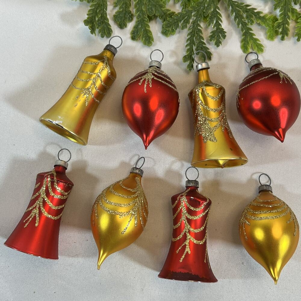 Vintage Glass Christmas Ornament Set of 8 Red Gold Bells & Teardrops Small Size